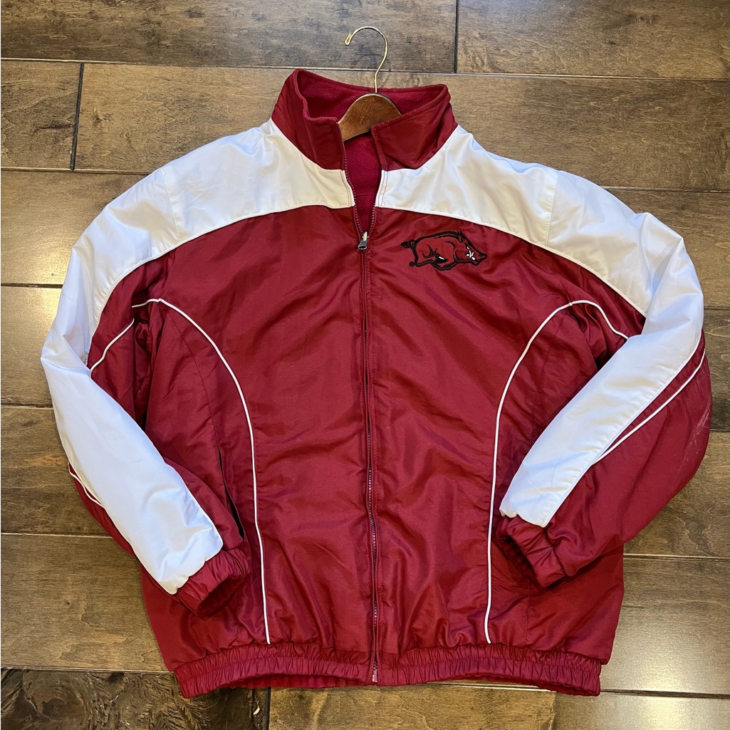 Two Arkansas Razorback Jackets, One Reversible Fleece, One Wind Jacket Men Lg